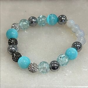 Blue and Silver Beaded Hematite Quartz and Selenite Bracelet